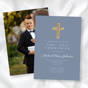 Invitación Primera comunión de Dusty Blue Cross Photo Boy