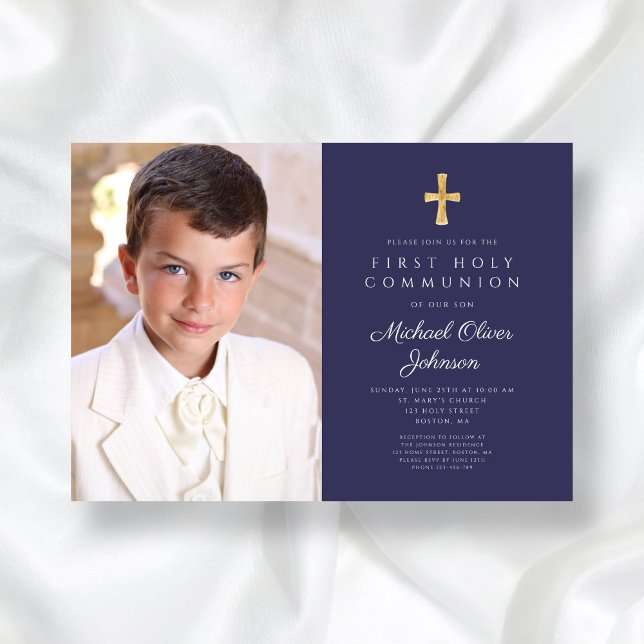 Invitación Primera comunión de elegante foto azul de la Marin (Elegant Navy Blue Photo Boy First Communion Invitation)