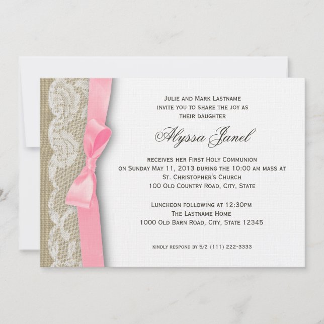 Invitación Primera comunión de encaje blanco y burlap (Anverso)