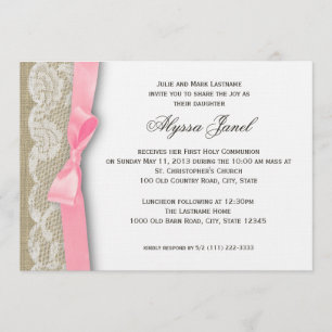 Invitación Primera comunión de encaje blanco y burlap
