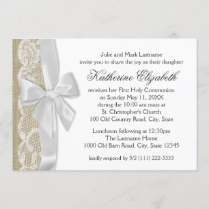 Invitación Primera comunión de encaje blanco y burlap