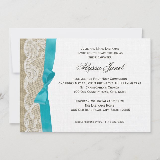 Invitación Primera comunión de encaje blanco y burlap (Anverso)