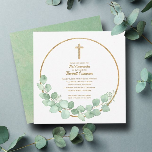 Invitación Primera Comunión de Eucalyptus Cross (Eucalyptus wreath and gold cross first communion square invitations)