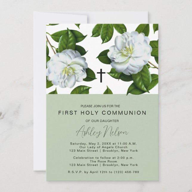 Invitación Primera comunión de floral blanca verde moderna (Anverso)