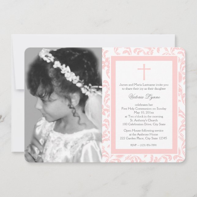 Invitación Primera Comunión de Floral Rosa con foto (Anverso)