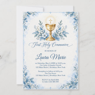 Invitación Primera Comunión de Florales Azules al Acuarela