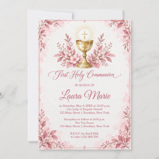 Invitación Primera Comunión de Florales Rosadas en Acuarela