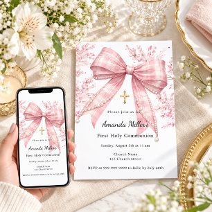 Invitación Primera Comunión de flores con lazo rosa a cuadros