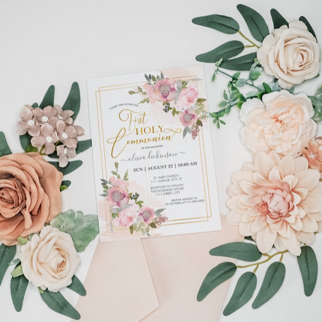 Invitación Primera comunión de flores rosadas de Rubor modern (Subido por el creador)