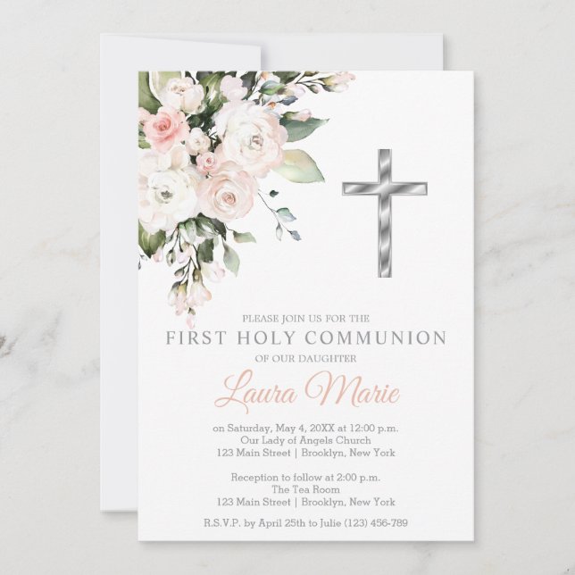 Invitación Primera Comunión de Flores Rosadas en Acuarela (Anverso)