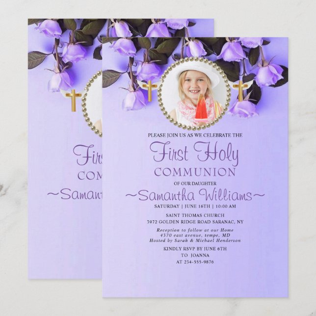Invitación Primera comunión de foto morada floral (Anverso / Reverso)