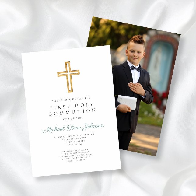 Invitación Primera comunión de foto niño de la Cruz Verde (Green Cross Photo Boy First Communion Invitation)