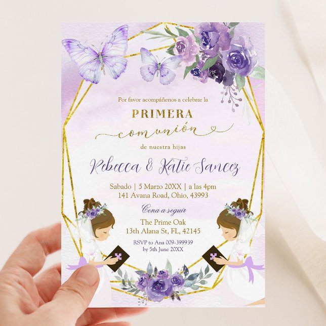 Invitación Primera Comunión de Gemelos de Mariposa Púrpura Es (Subido por el creador)