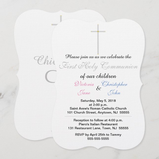 Invitación Primera Comunión de Gemelos Rosa y Azul (Anverso / Reverso)