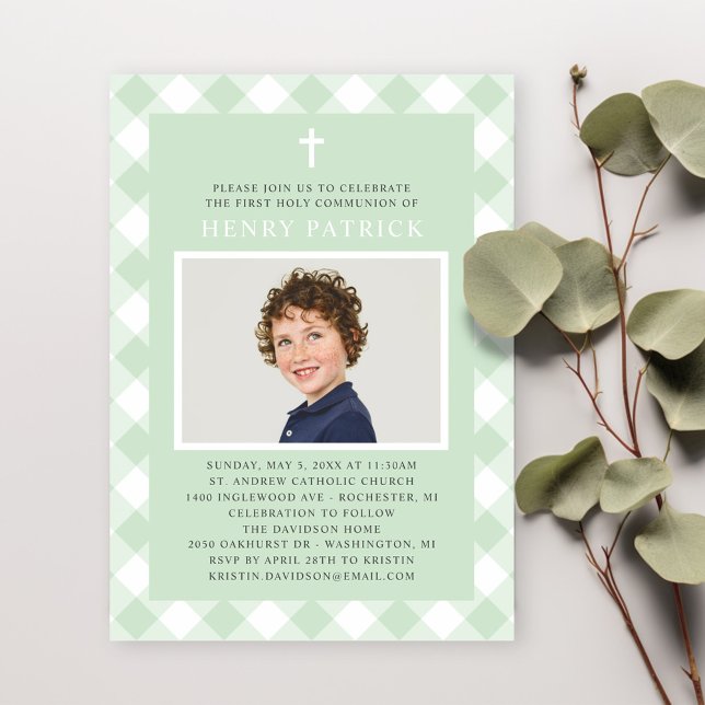 Invitación Primera comunión de Green Gingham para Boy Photo (Subido por el creador)