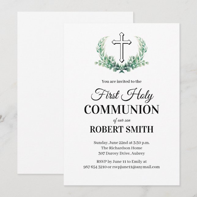 Invitación Primera comunión de hoja verde (Anverso / Reverso)
