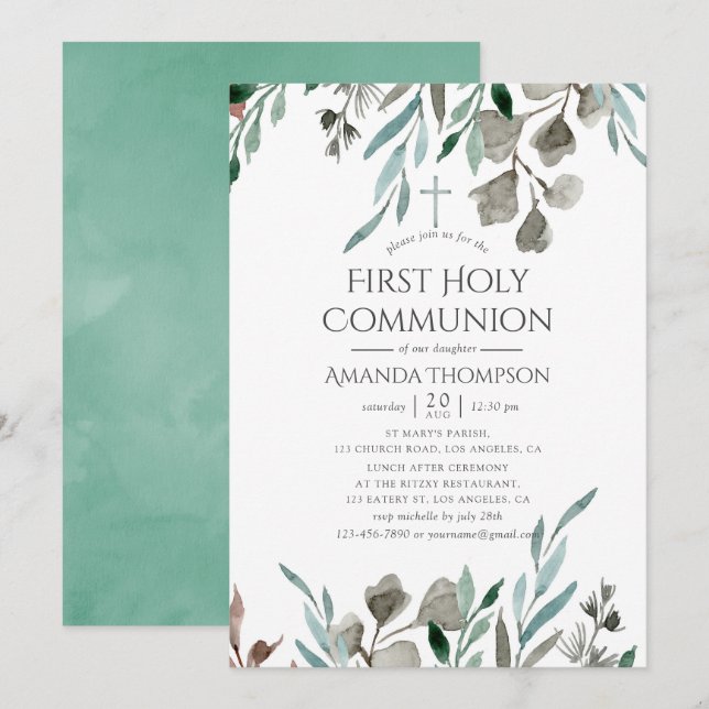 Invitación Primera Comunión de Invierno con Vegetación Rústic (Anverso / Reverso)