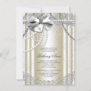 Invitación Primera comunión de Ivory Beige Pearl Cross