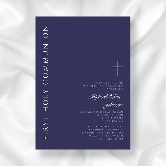 Invitación Primera comunión de la Cruz Azul de la Marina Mode (Modern Navy Blue Cross First Communion Invitation)
