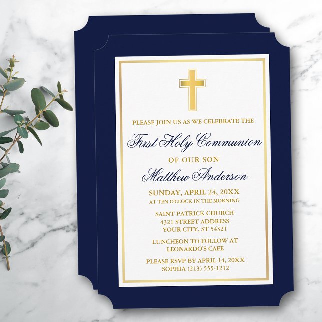 Invitación Primera Comunión de la Cruz de Oro Elegante (Customize to change text size, style, color or to add more text or photos to back of card.)
