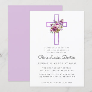 Invitación Primera Comunión de la Cruz Floral Púrpura
