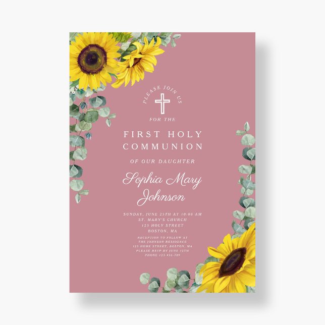 Invitación Primera Comunión de la Cruz Floral Rosa Moderna (Modern Pink Floral Cross First Communion Invitation)