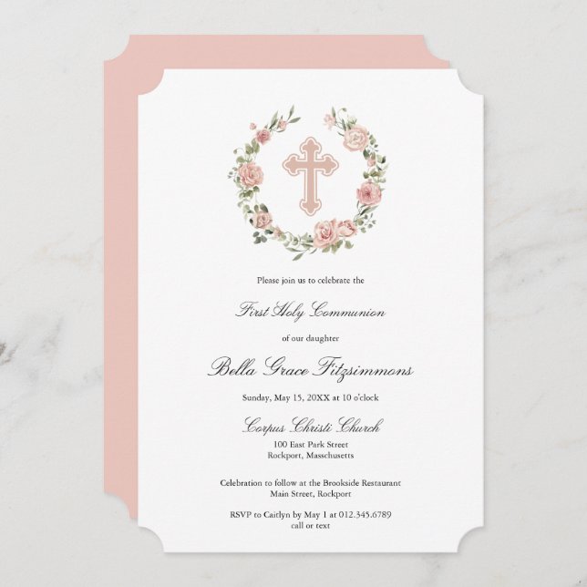 Invitación Primera Comunión de la Cruz Floral Rosa Rosa Dusty (Anverso / Reverso)