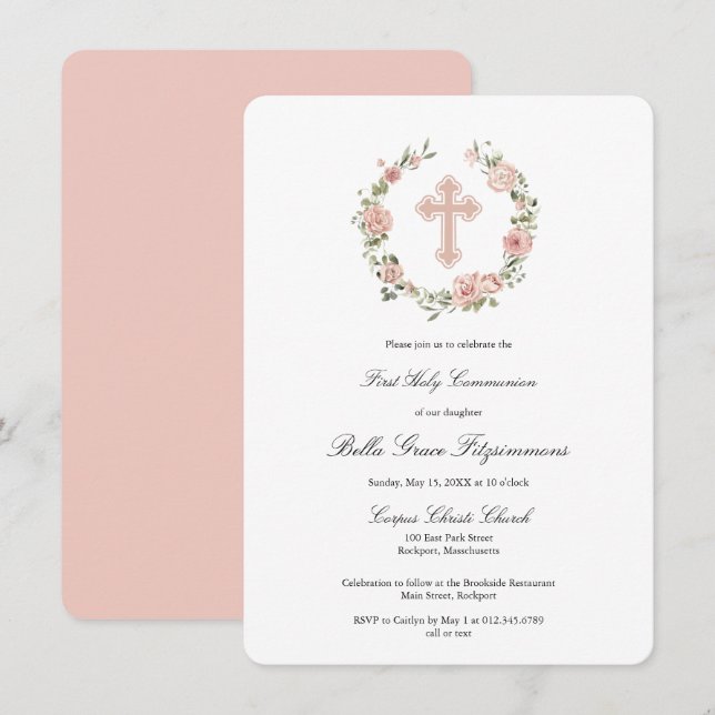 Invitación Primera comunión de la cruz floral rosa y turbia (Anverso / Reverso)