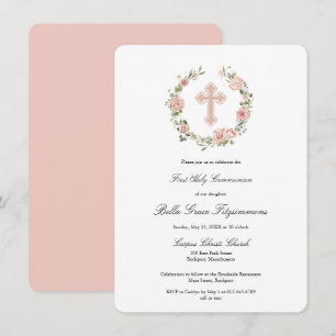 Invitación Primera comunión de la cruz floral rosa y turbia