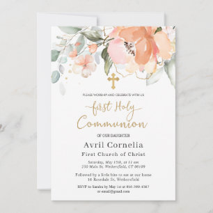 Invitación Primera Comunión de la Cruz Verde de Foliage Rosa