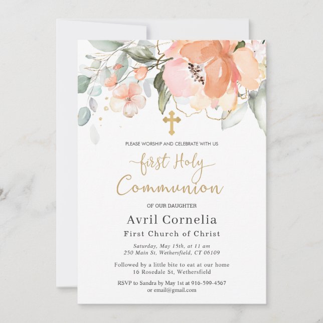 Invitación Primera Comunión de la Cruz Verde de Foliage Rosa (Anverso)