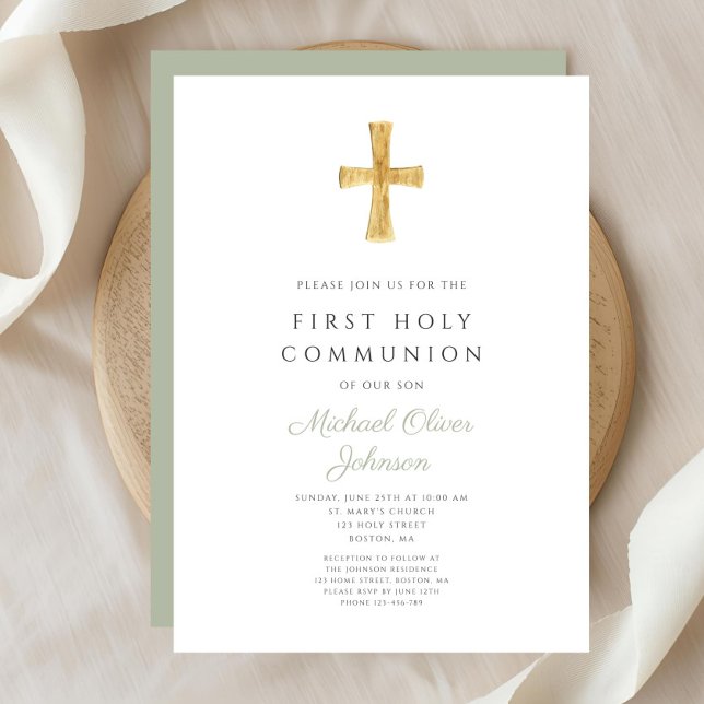 Invitación Primera comunión de la Cruz Verde Masaje Moderna (Modern Sage Green Cross First Communion Invitation )
