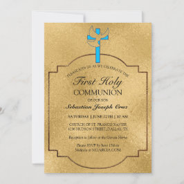 Invitación Primera comunión de la elegante Cruz de Oro Azul