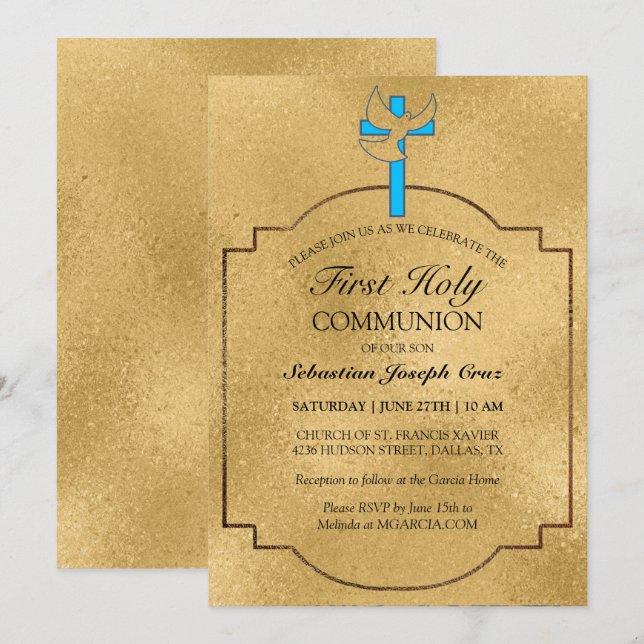 Invitación Primera comunión de la elegante Cruz de Oro Azul (Anverso / Reverso)