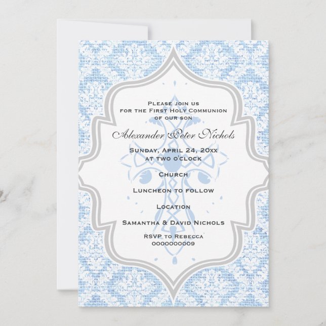 Invitación Primera comunión de la explosión de damasco blanco (Anverso)