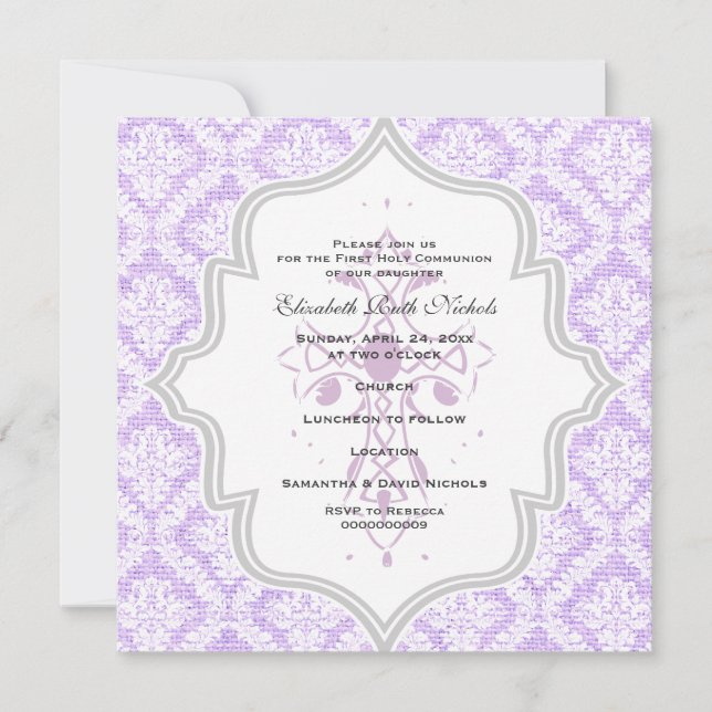 Invitación Primera comunión de la explosión de damasco blanco (Anverso)