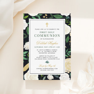 Invitación Primera comunión de la floral Black Green Gold Flo