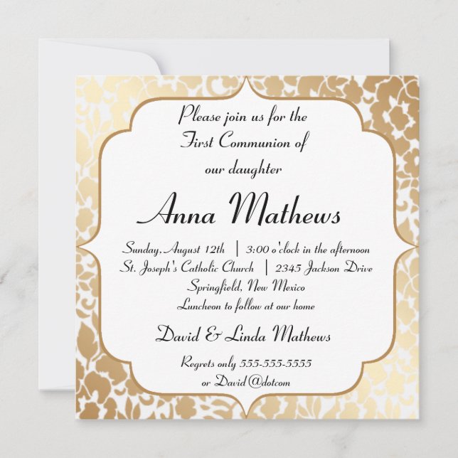 Invitación Primera comunión de la floral blanca metálica (Anverso)