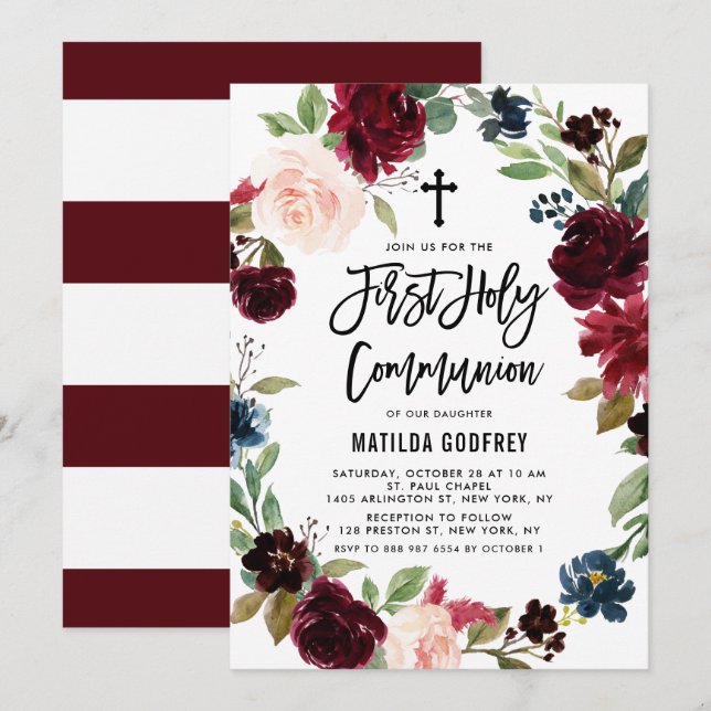 Invitación Primera comunión de la floral Boho Burgundy Fall (Anverso / Reverso)