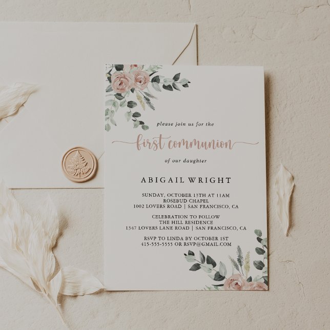 Invitación Primera comunión de la floral rosa rosa polvorient (Subido por el creador)