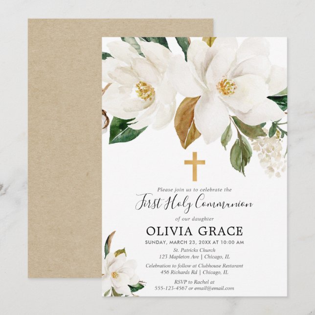 Invitación Primera comunión de la magnolia floral blanca (Anverso / Reverso)