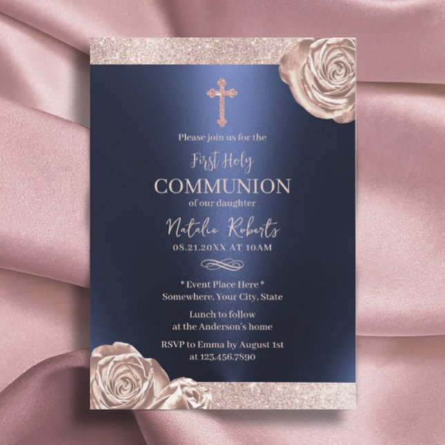 Invitación Primera Comunión de la Marina Moderna Rosa Floral  (Subido por el creador)