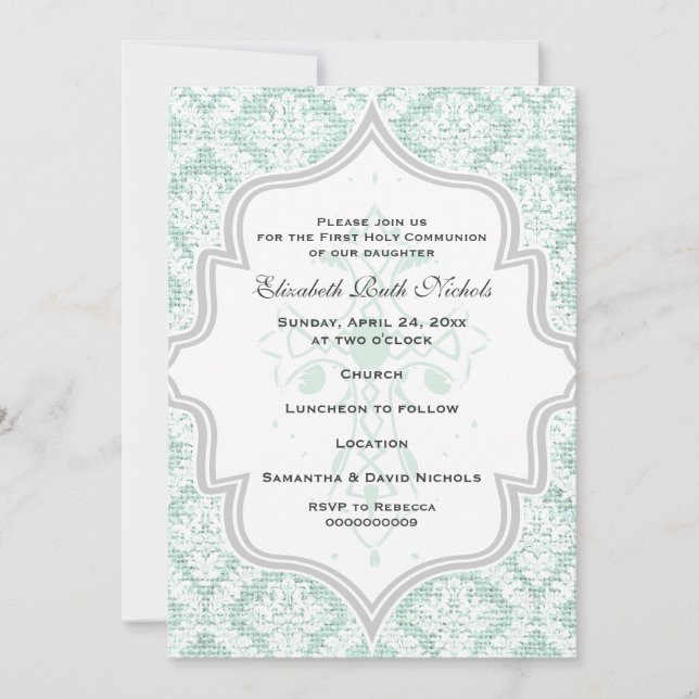 Invitación Primera comunión de la mint Cross white damask bur (Anverso)