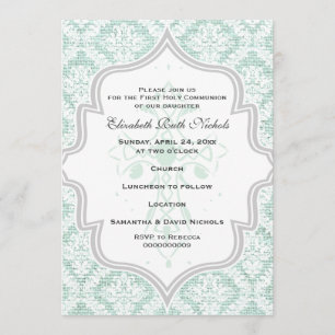 Invitación Primera comunión de la mint Cross white damask bur