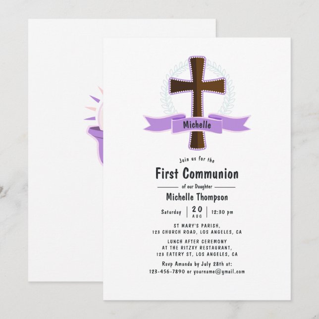 Invitación Primera Comunión de la niña púrpura (Anverso / Reverso)