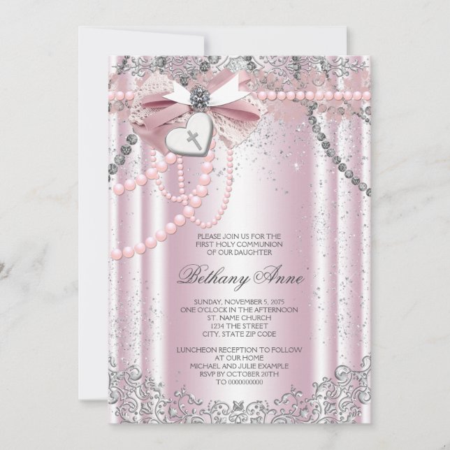 Invitación Primera comunión de la Perla Rosa y Gris chicas (Anverso)