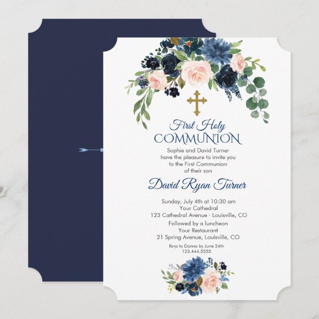 Invitación Primera comunión de las flores azules de Rubor de  (Anverso / Reverso)