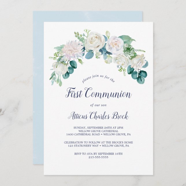 Invitación Primera comunión de las flores blancas clásicas (Anverso / Reverso)