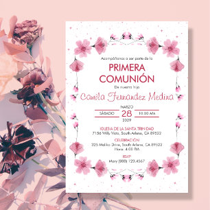 Invitación Primera comunión de las flores rosadas de Primera