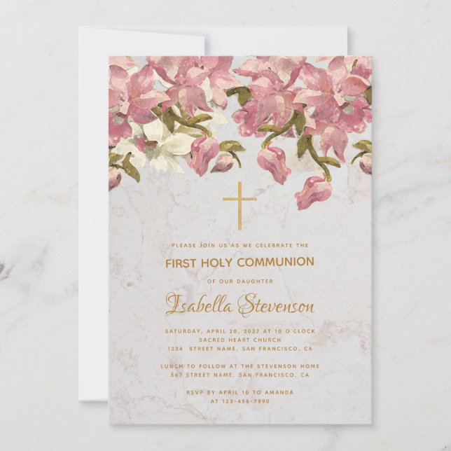 Invitación Primera comunión de las orquídeas rosadas de la cr (Anverso)